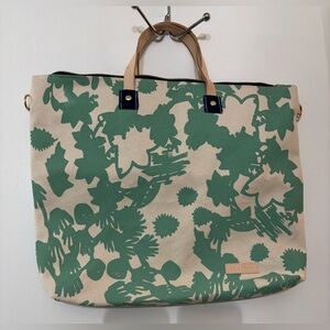 Erin Flett Cream Navy Green Cotton Floral Print Canvas Zip Top Tote
